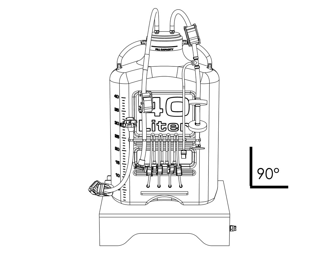 Simple installation illustration of the ProConnex MixOne 40L carboy resting on the reusable platform at a 90° angle to the top of the reusable platform. 